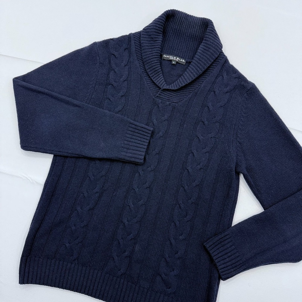 Daniele Blasi Wool Cable Knit Sweater Mens Small Shawl Collar Made in Italy Blue